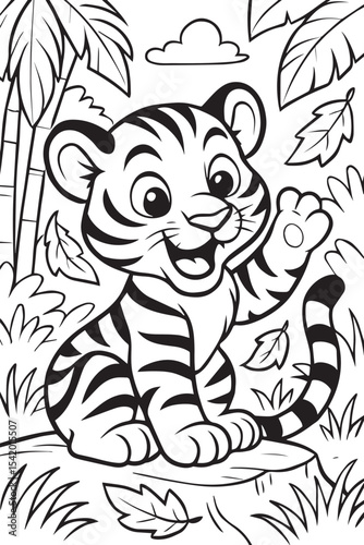 Line art illustration for a children's coloring book of a cute cartoon tiger playing with leaves in the jungle