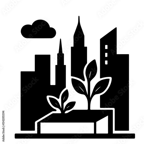 Urban gardening and sustainable city concept with plants and skyscrapers silhouette vector design art