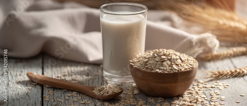 The wholesome beauty of oats and milk on a rustic wooden table.