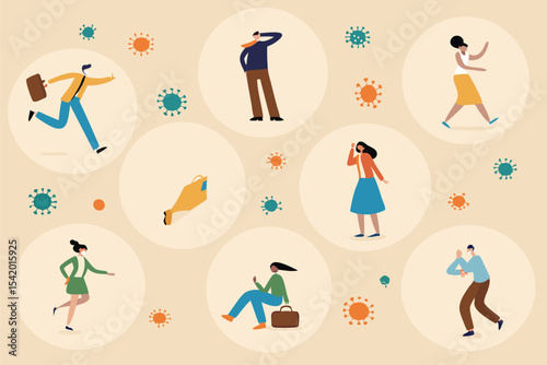 Social distancing concept, people keep distance in public society to protect from COVID-19 coronavirus outbreak spreading concept, people wearing mask keep distance away in circle with virus pathogens
