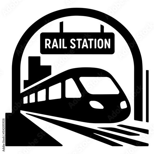 Railway station train travel public transport transportation vector graphic black and white illustration design