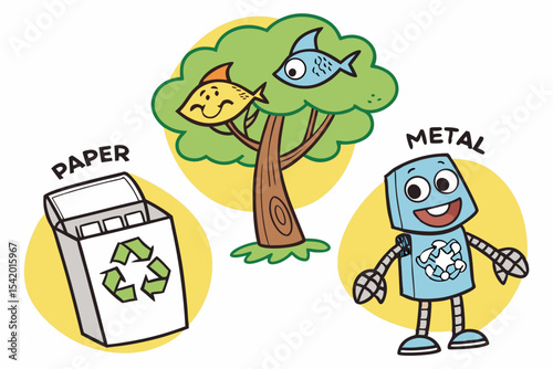 Cute recycling characters with paper bin, robot, tree, and happy fish icon