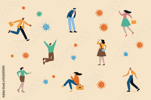 Social distancing concept, people keep distance in public society to protect from COVID-19 coronavirus outbreak spreading concept, people wearing mask keep distance away in circle with virus pathogens