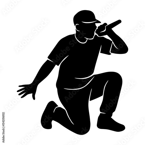 Rapper silhouette vector illustration of performing artist singing with microphone in black and white style