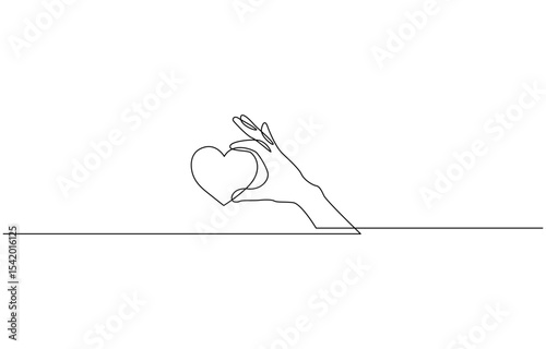 Continuous one line drawing arms holding heart. Charity donation linear concept, Minimalist hand holding a heart illustration.