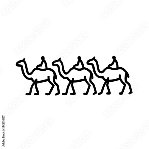 Three Camels Carrying Riders Simple Line Art Black and White Islamic Mawlid Handmade Design