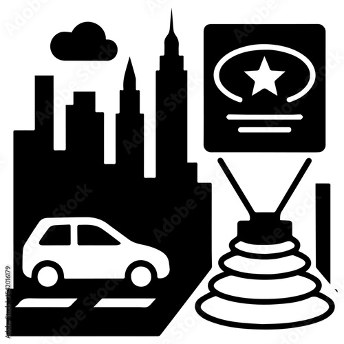 Cityscape car travel destination star attraction tourist spot urban exploration adventure vector art