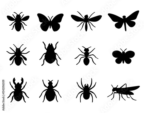 Collection of insect silhouettes vector illustration for graphic design and web design projects