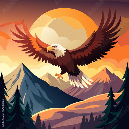 Majestic Eagle Soaring Above Mountain Range at Sunset Illustration