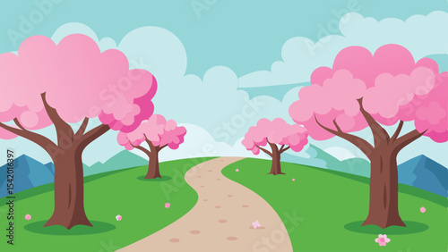 Scenic spring landscape featuring cherry blossom trees a path and clear sky