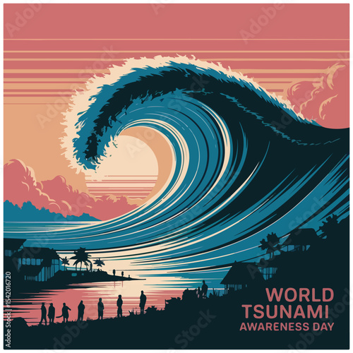 Wave-themed flyer design with bold text, raising awareness about tsunami safety and disaster preparedness.