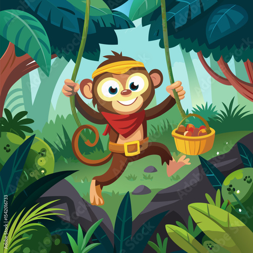Mischievous Monkey Swinging Through Jungle with Vine Illustration