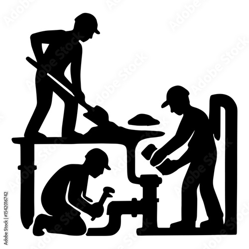 Plumbing repair service team silhouette construction workers plumbers fixing pipes underground system