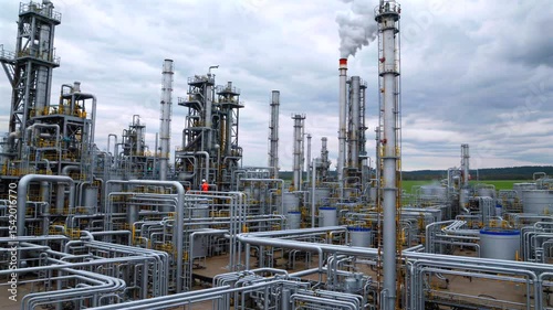 Industrial landscape showcasing metal infrastructure of oil refinery complex, featuring intricate network of pipelines, distillation units, storage tanks releasing smoky emissions