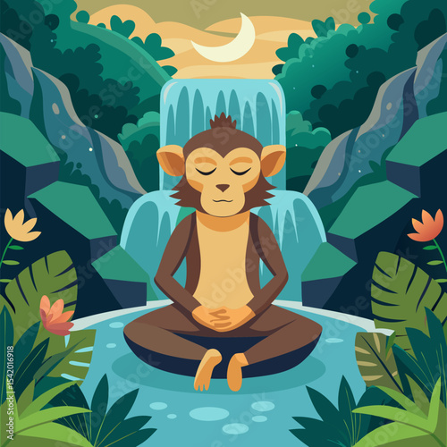 Monkey Meditating Under a Waterfall in the Jungle Illustration