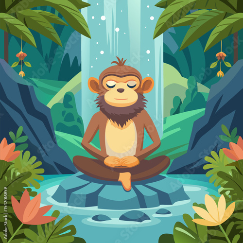 Monkey Meditating Under a Waterfall in the Jungle Illustration