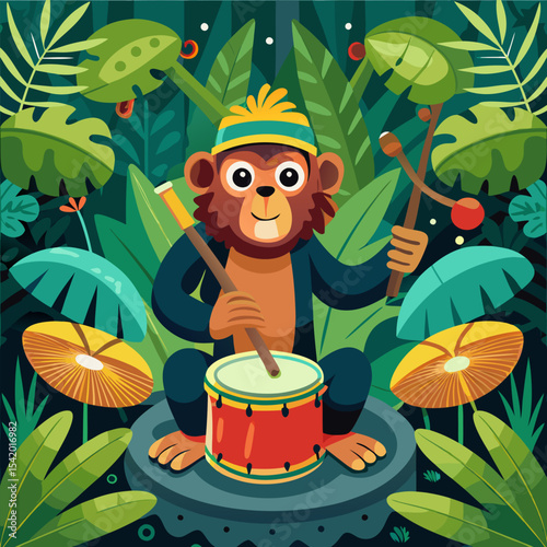 Monkey Playing Drums in a Jungle Band Illustration