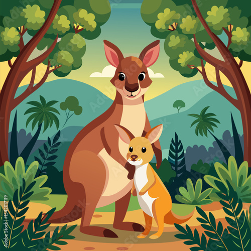 Mother Kangaroo with Baby Joey Peeking from Pouch Illustration