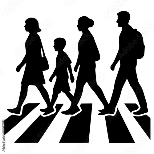 Family crossing street zebra crossing illustration black and white vector silhouette safety first pedestrian walk 100