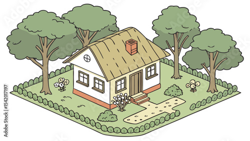 Isometric view of a house with a thatched roof surrounded by trees and a garden with a stone path