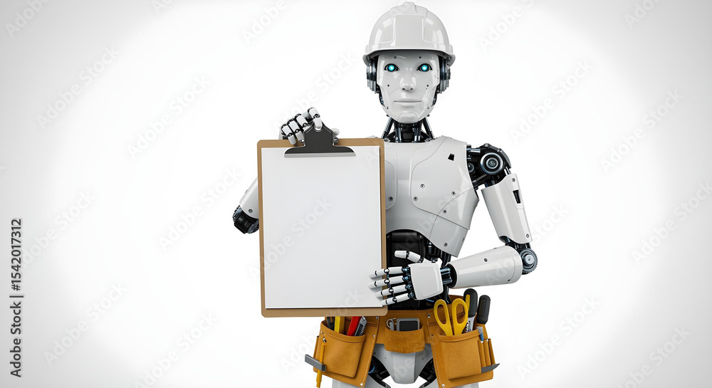 Naklejka premium Service robot with tools and clipboard on white background representing AI in labor automation