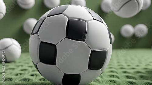 Soccer ball on green field with other sport balls in background. Sport game and competitive activity concept footage.