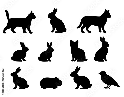 Black animal silhouettes vector illustration cats rabbits bird guinea pig pet shop design art 100