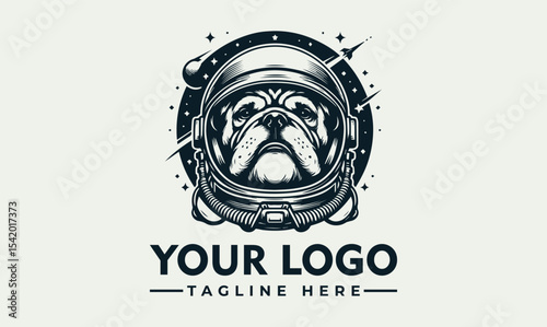 Bulldog wearing an astronaut helmet surrounded by stars and comets, creating a unique and whimsical logo design.