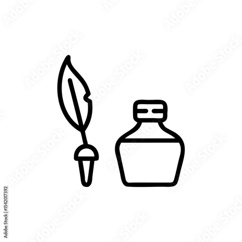 Black Ink Bottle and Quill Pen Icon Islamic Calligraphy Handmade Mawlid Design Element Simple Line Art Graphic