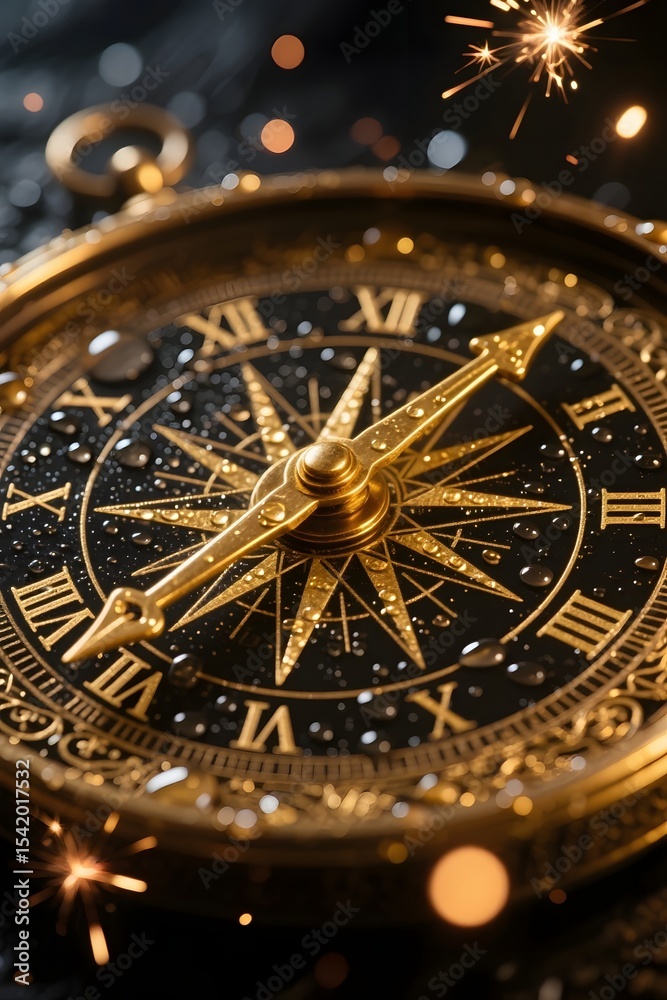 Obraz premium Vintage Golden Compass with Water Droplets and Sparks – Close-Up