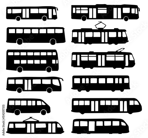 Bus and tram silhouettes vector illustration of public transportation vehicles for city travel design