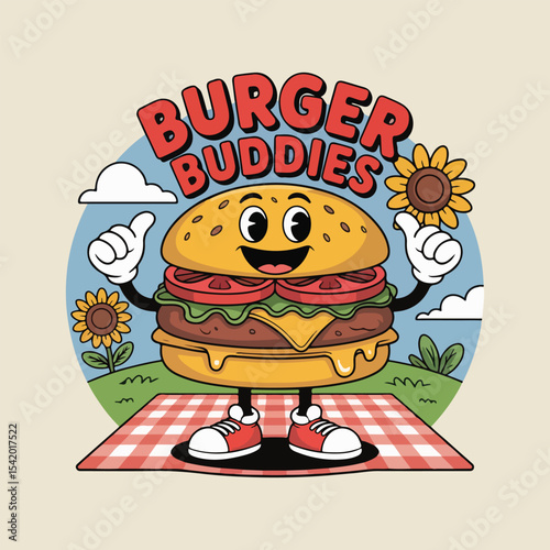Playful cheeseburger cartoon vector with meal combos, kawaii style, and retro elements. Ideal for posters, stickers, T-shirts, and marketing celebrating National Cheeseburger Day.