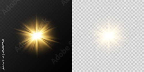 Realistic glowing ray of light with lens flare and radiant explosion on a transparent background for overlay