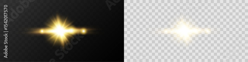 Realistic glowing ray of light with lens flare and radiant explosion on a transparent background for overlay