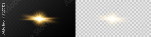 Realistic glowing ray of light with lens flare and radiant explosion on a transparent background for overlay
