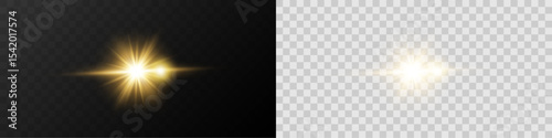 Realistic glowing ray of light with lens flare and radiant explosion on a transparent background for overlay