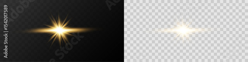 Realistic glowing ray of light with lens flare and radiant explosion on a transparent background for overlay