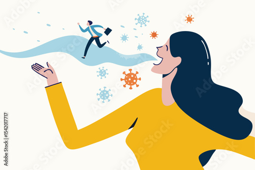 COVID-19 virus flu infection, coronavirus outbreak or spreading from people concept, Sick girl with flu, runny nose blow her nose with snot, nasal fluid with business man run away from Virus pathogen