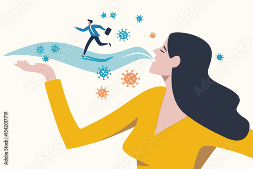 COVID-19 virus flu infection, coronavirus outbreak or spreading from people concept, Sick girl with flu, runny nose blow her nose with snot, nasal fluid with business man run away from Virus pathogen