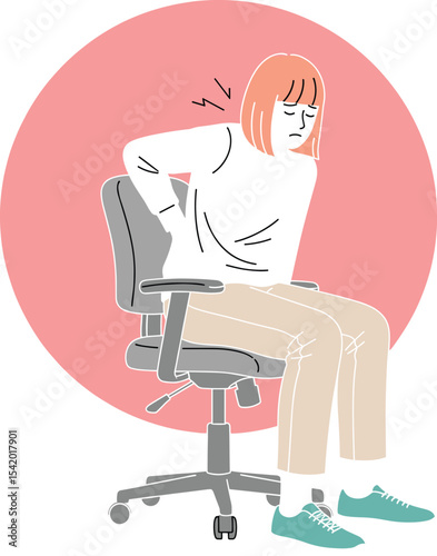 Stressed Woman in an Office Chair Cartoon Illustration of Work-Related Back Pain. Hand drawn style vector design illustrations.