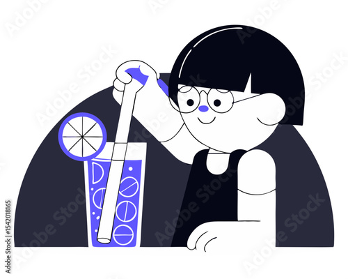Tiny Bartender Preparing Summer Cocktail - Flat Vector Drink Service Illustration