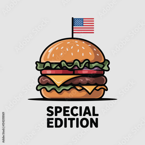 Playful cheeseburger cartoon vector with meal combos, kawaii style, and retro elements. Ideal for posters, stickers, T-shirts, and marketing celebrating National Cheeseburger Day.
