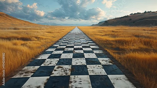 Long chessboard road leading forward through a golden field under cloudy sky. Opportunity and strategic future concept footage.