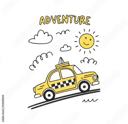 Taxi adventure on road t-shirt graphic design vector illustration 
