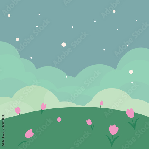 Serene spring landscape featuring pink tulips blossoming under a cloudy sky