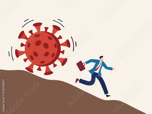 Run away from virus disease outbreak concept, risk or danger in Virus crisis concept, businessman run away from rolling COVID-19 virus pathogen stone down the hill.