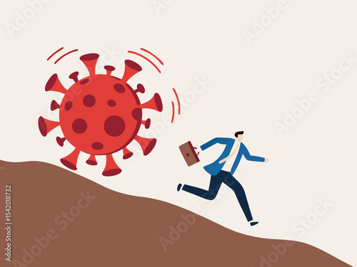 Run away from virus disease outbreak concept, risk or danger in Virus crisis concept, businessman run away from rolling COVID-19 virus pathogen stone down the hill.