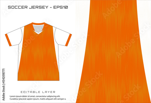 A soccer jersey design showing an orange shirt front and sleeve pattern on white with text about editable layers