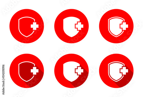 Medical badge icon set with long shadow. Health protection and security symbol. Healthy shield sign