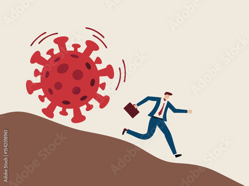 Run away from virus disease outbreak concept, risk or danger in Virus crisis concept, businessman run away from rolling COVID-19 virus pathogen stone down the hill.